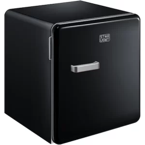 Mini frigider negru, sub forma de cub, cu maner din inox