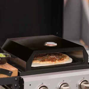 cuptor pizza pentru gradina, portabil, culoare neagra, cu pizza la interior
